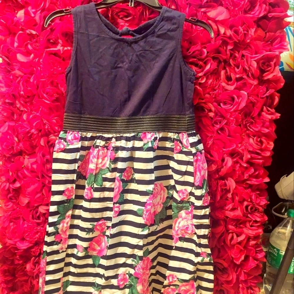 LA Conduct Girls Size XL Black Tank Dress with Horiz Striped/ Rose Detail Bottom